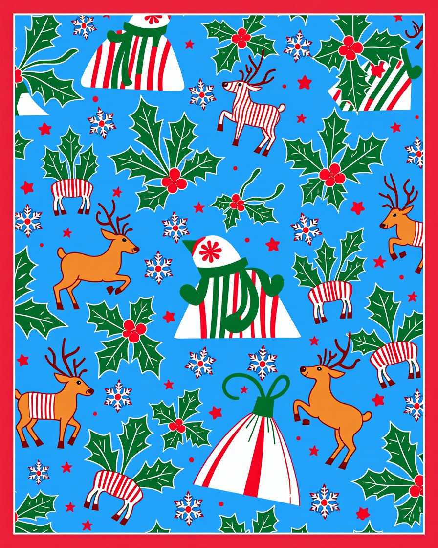 Jolly Blue Christmas Reindeer Holly Rug