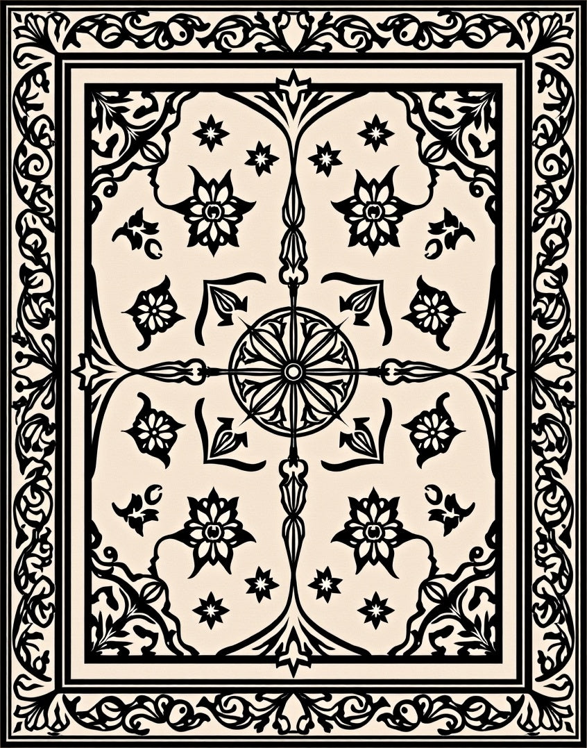 Ornate Black Floral Decorative Pattern Rug