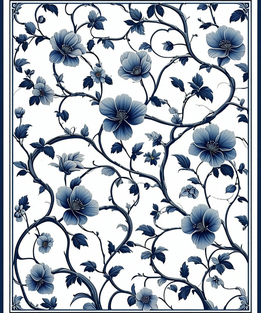 Blue Botanical Vine Floral Pattern Rug