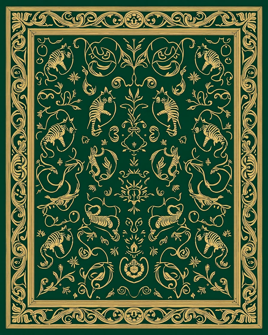 Vintage Golden Tiger Floral Scrollwork Design Rug