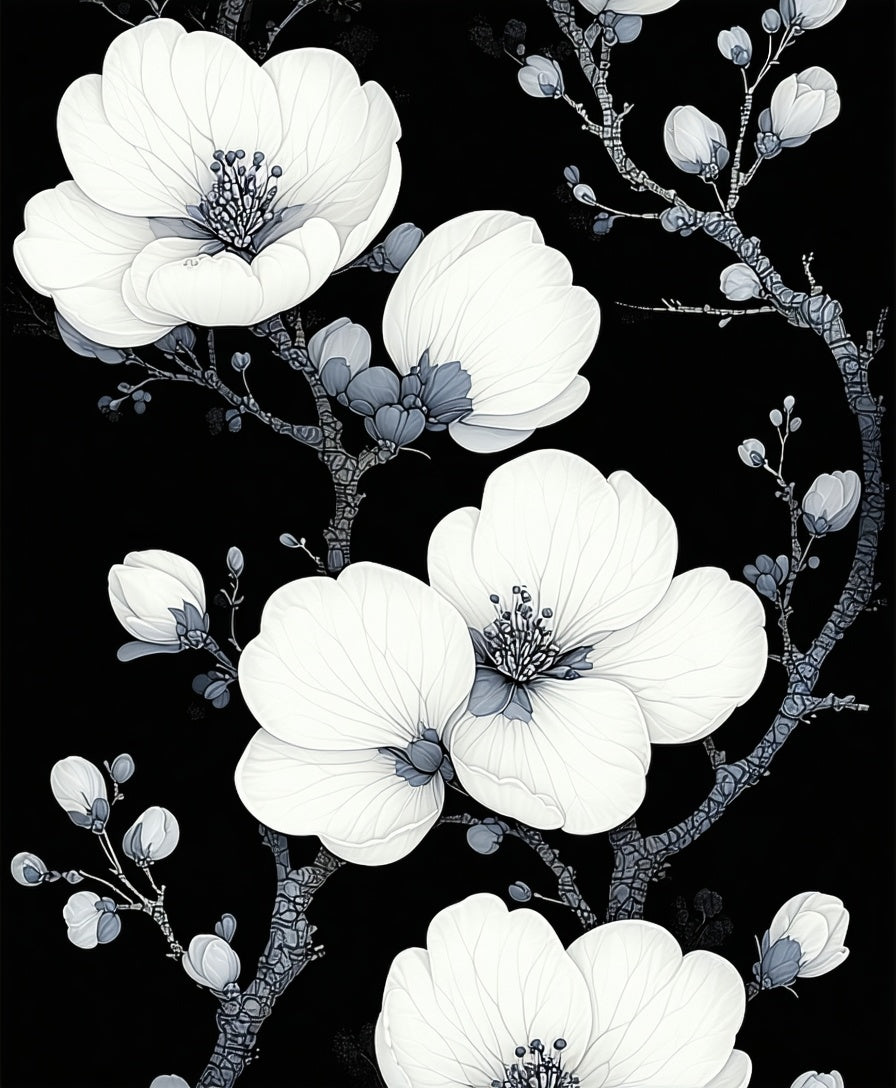 Monochrome Floral Branches Pattern Rug