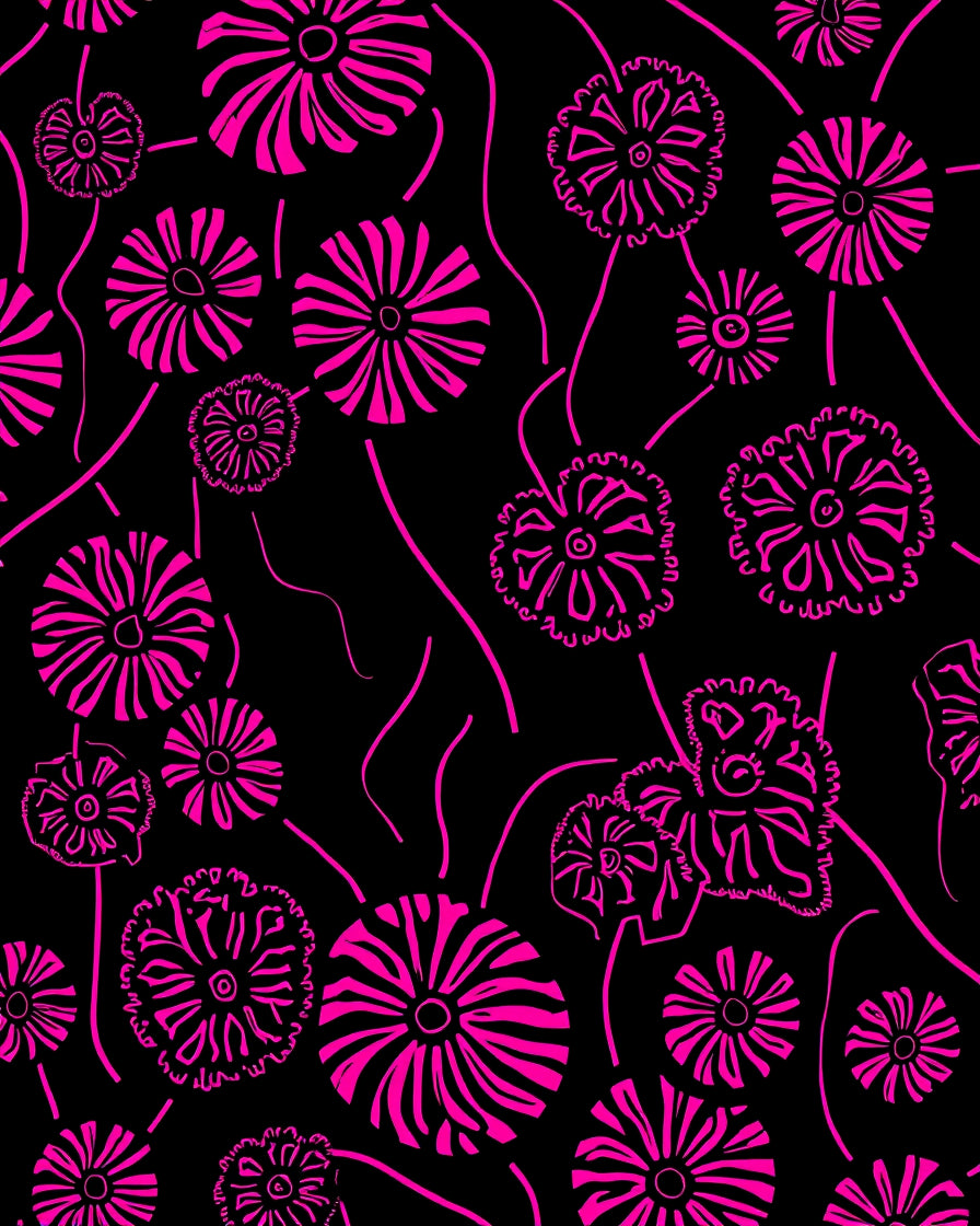 Vibrant Floral Lines Black Pink Rug