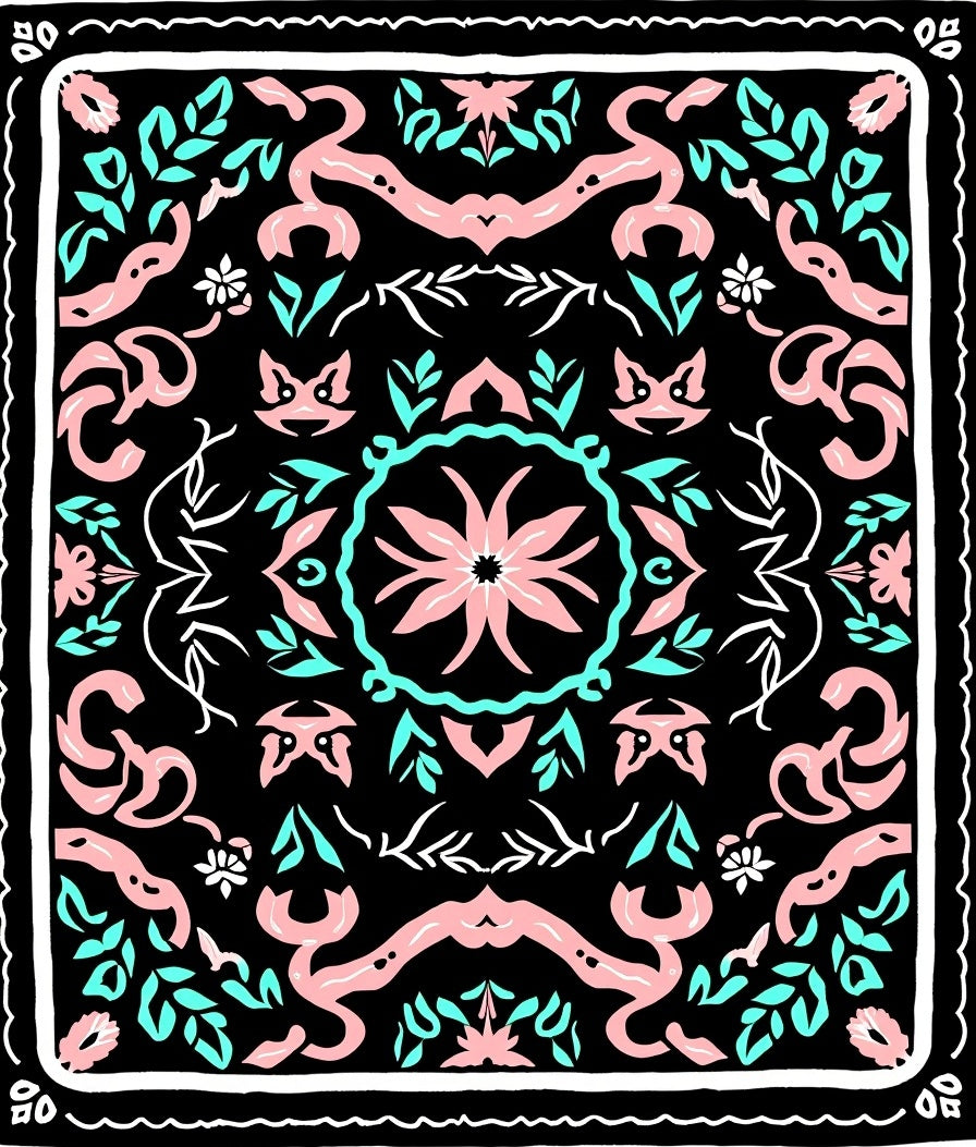 Pink Teal Floral Whimsical Pattern Rug