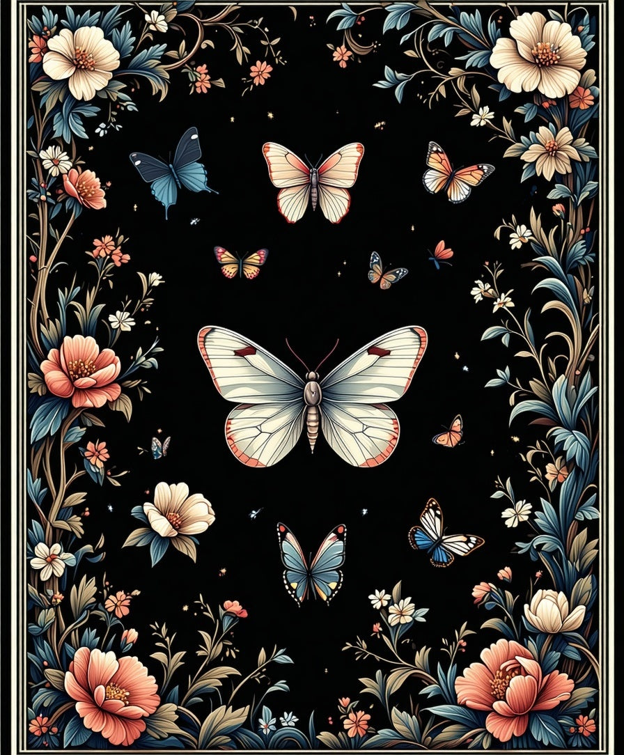 Floral Butterflies Botanical Dark Garden Rug