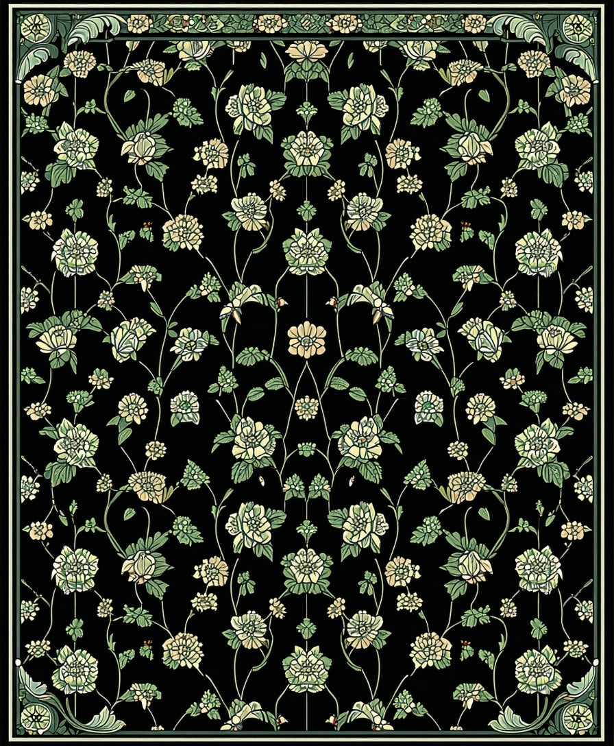 Ornate Black Floral Vine Pattern Rug