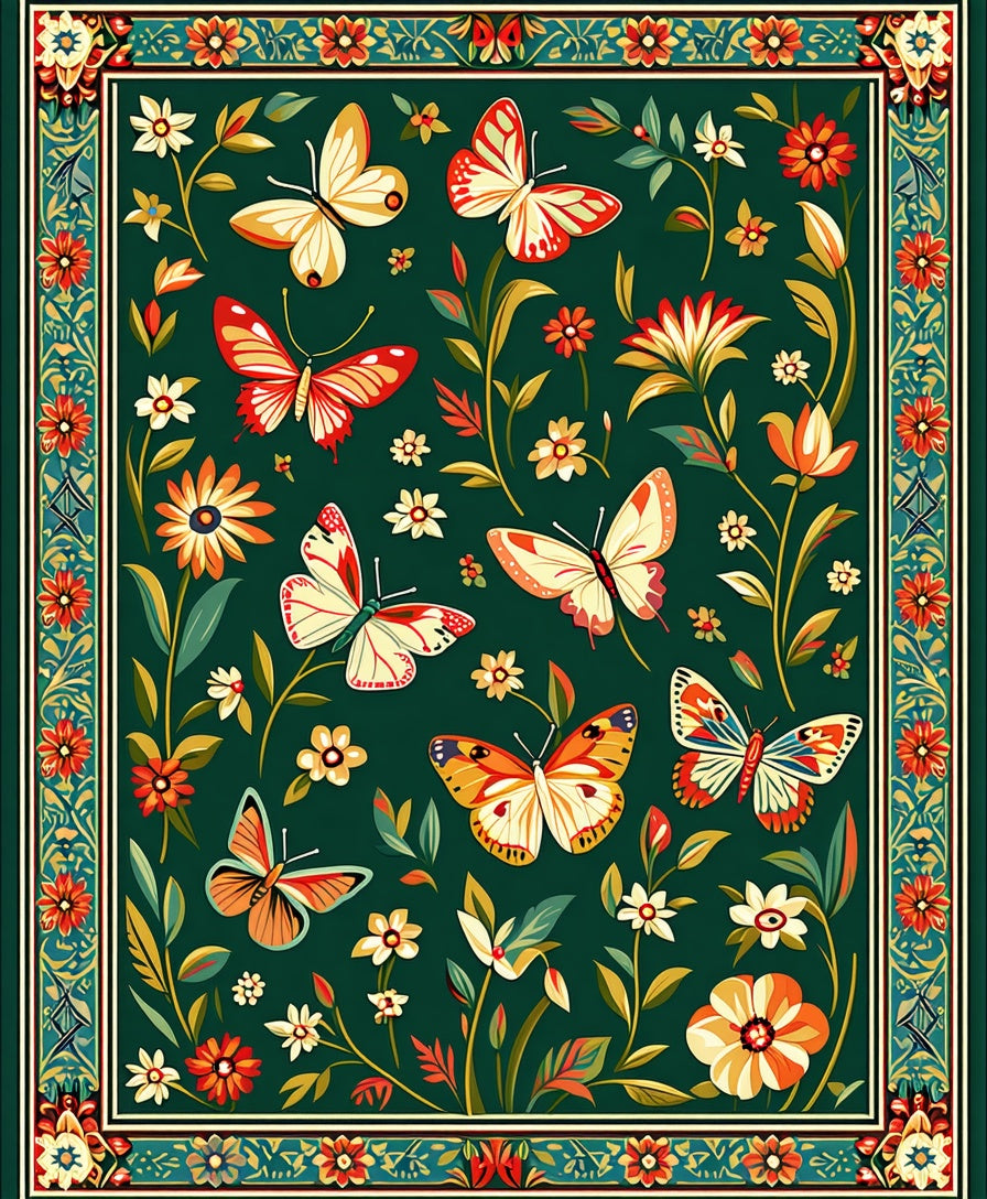 Whimsical Butterflies Floral Garden Design Rug