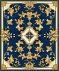 Elegant Gold Scrollwork Blue Pattern Rug