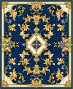 Elegant Gold Scrollwork Blue Pattern Rug