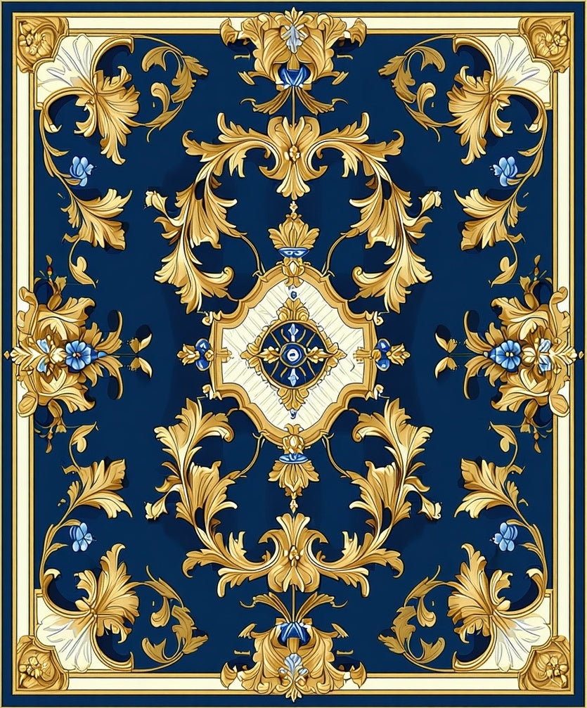 Elegant Gold Scrollwork Blue Pattern Rug