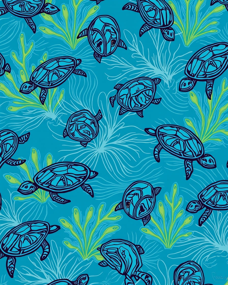 Ocean Turtle Pattern With Seaweed Rug
