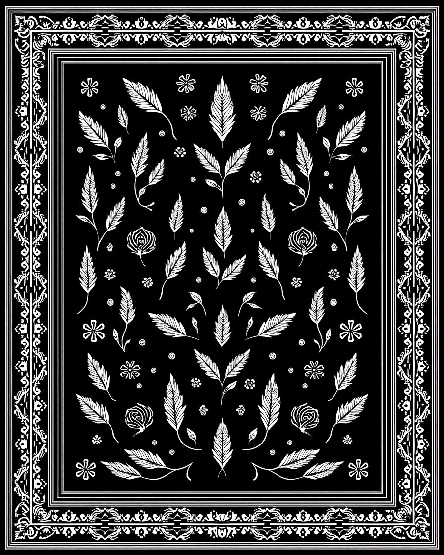 Black White Feathery Floral Pattern Rug