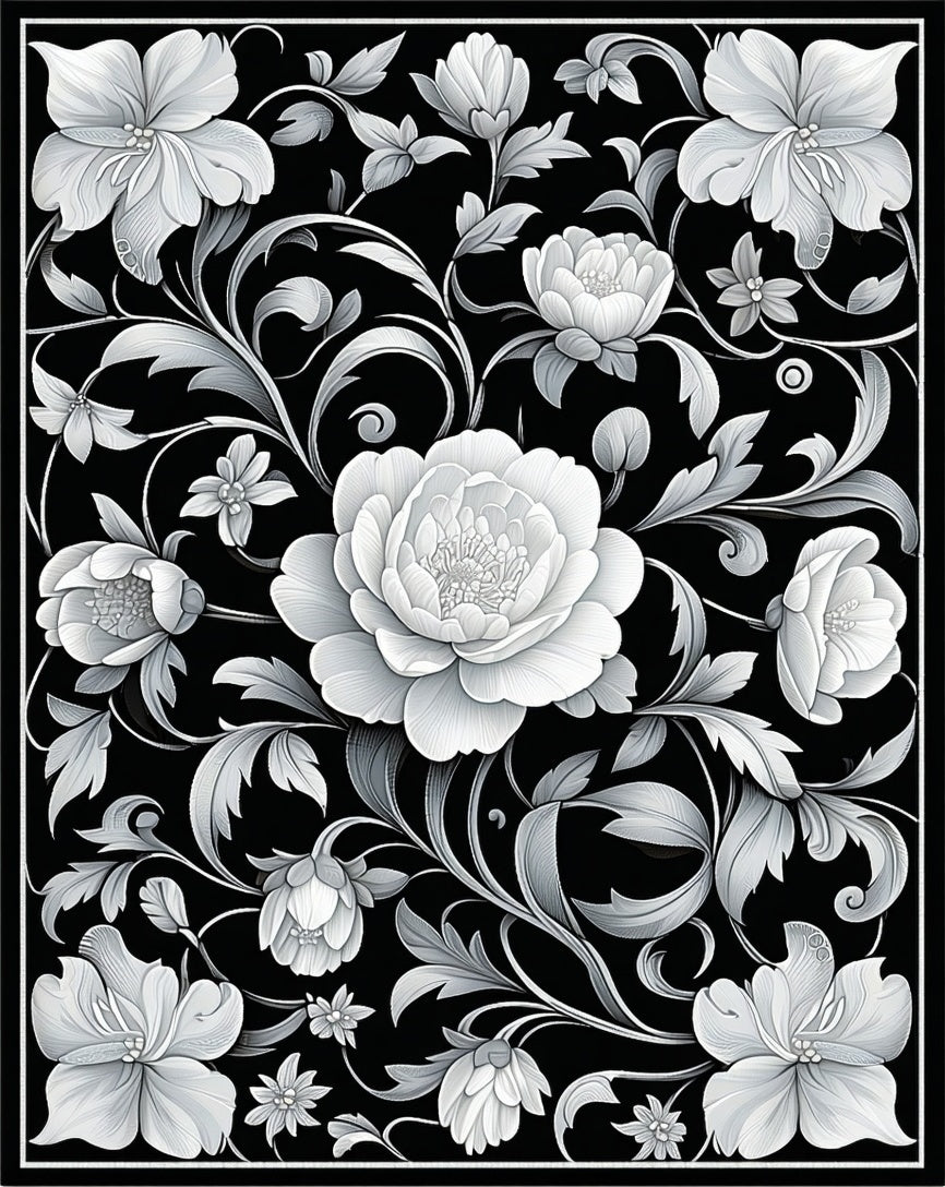 Elegant Black White Floral Scrollwork Rug