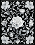 Elegant Black White Floral Scrollwork Rug