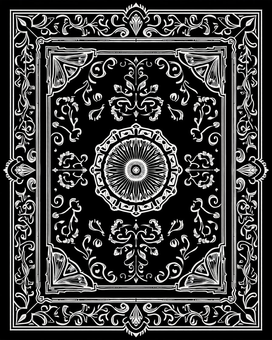 Ornate Floral Motif Black White Rug