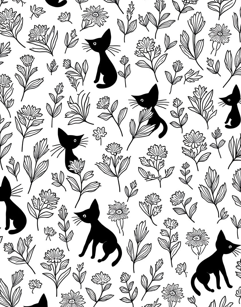 Playful Black Cats Floral Bloom Pattern Rug