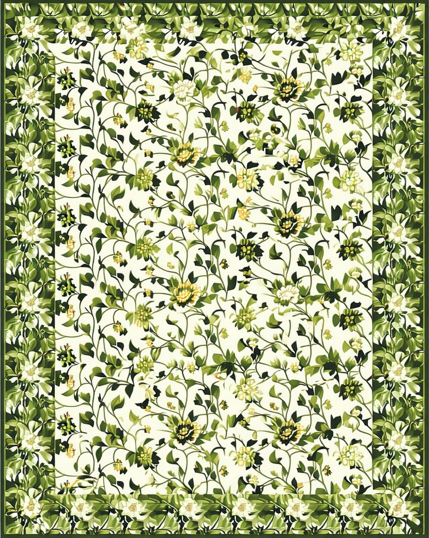 Green Floral Vine Patterned Rug