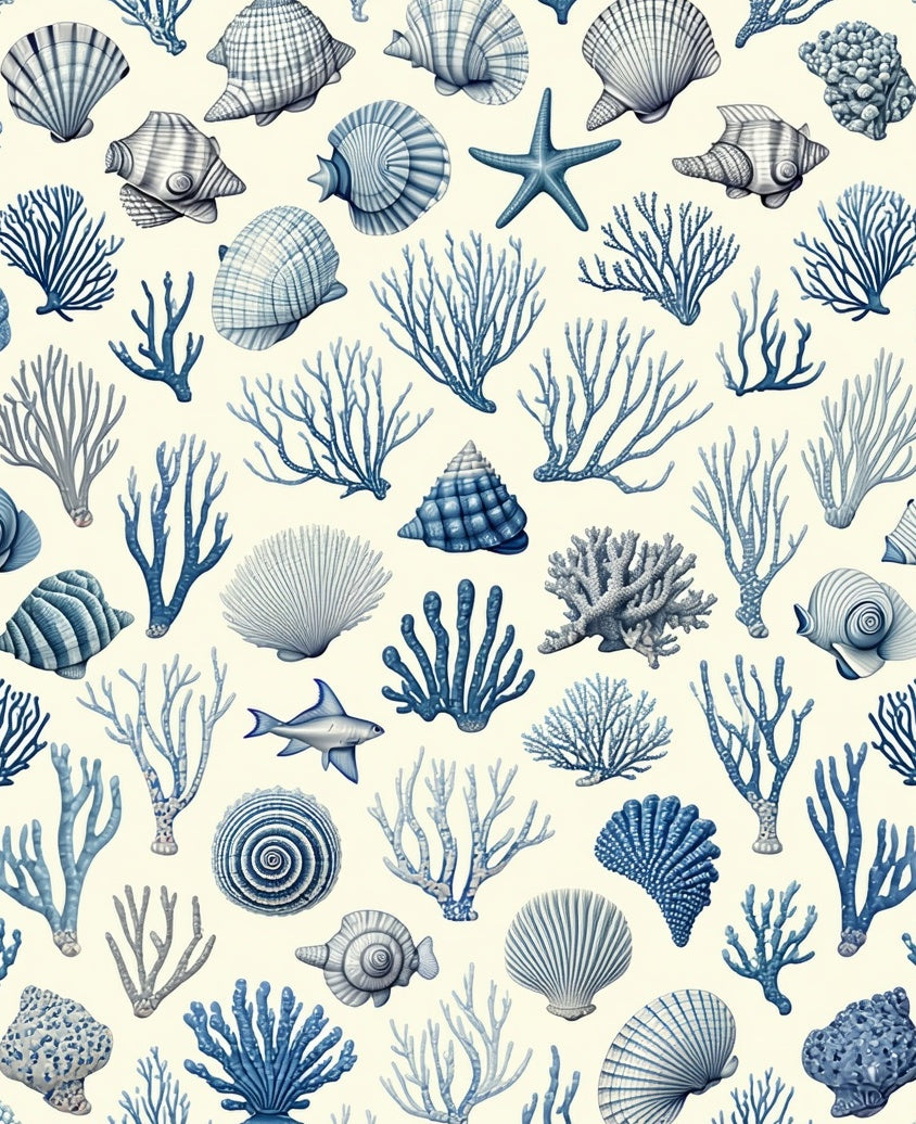 Blue Coral and Shell Nautical Pattern Rug