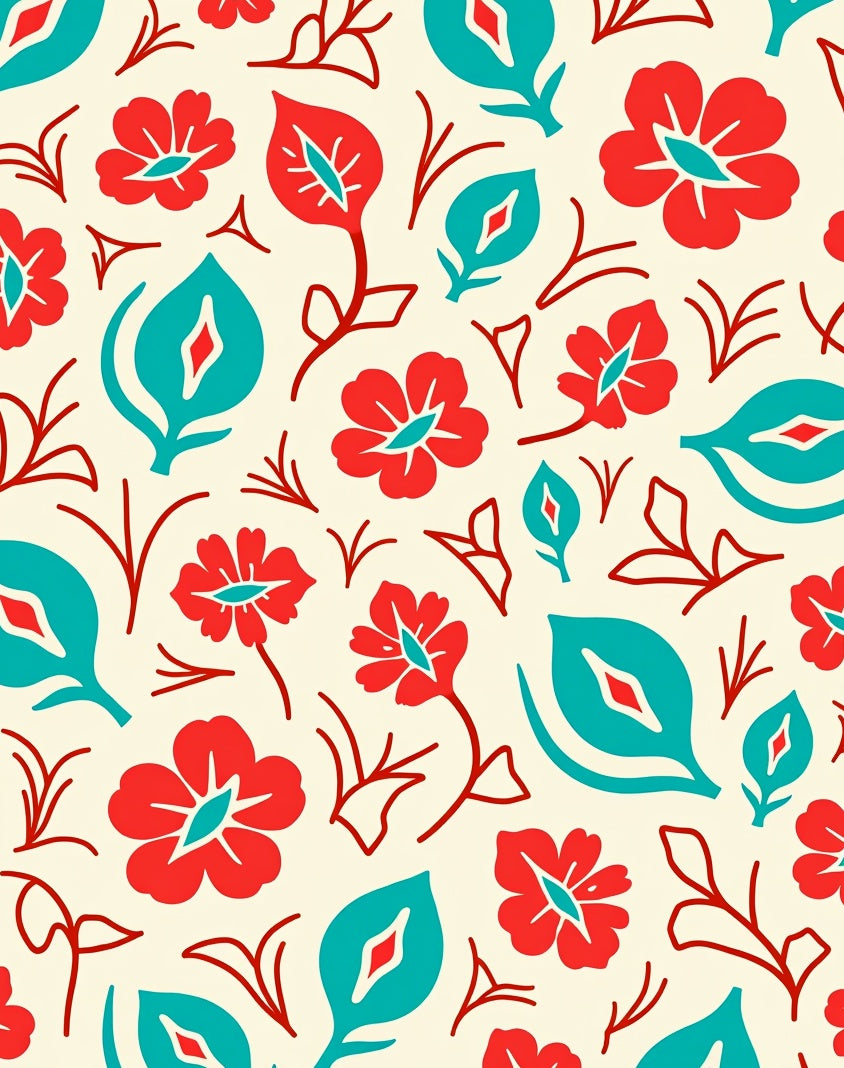 Bold Red Teal Floral Motif Rug