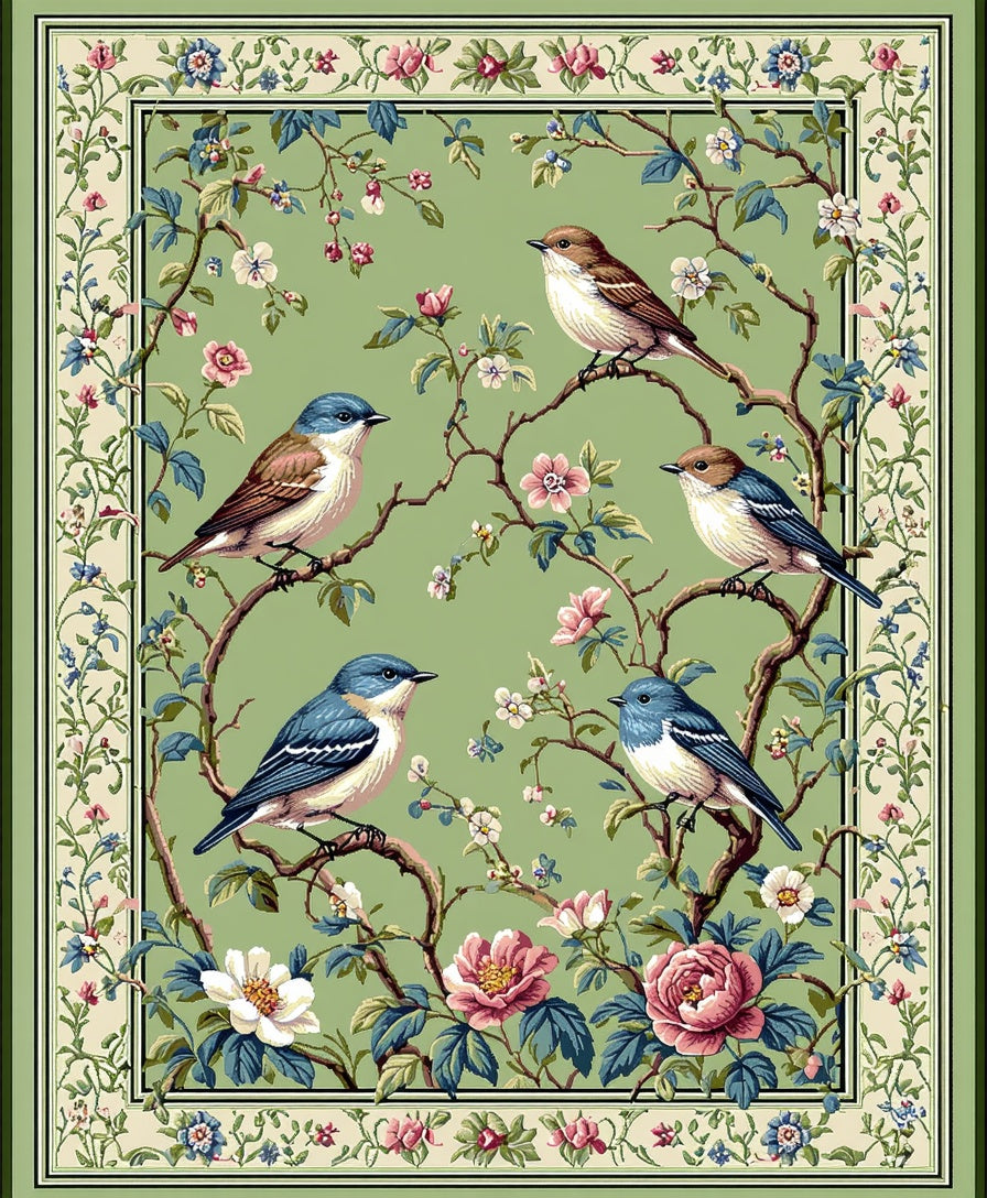 Birds and Blossoms Green Floral Rug