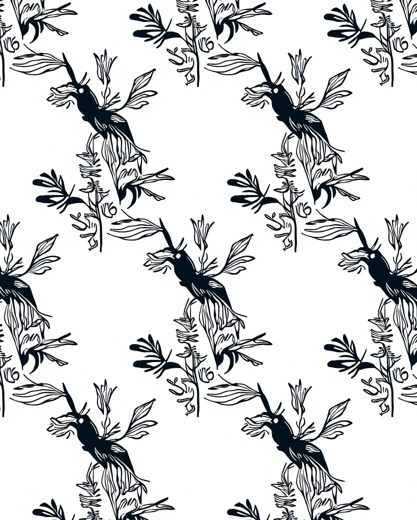 Stylized Black Bird Foliage Pattern Rug
