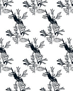 Stylized Black Bird Foliage Pattern Rug