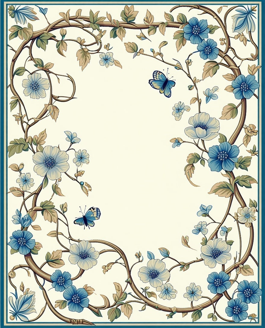 Blue Floral Butterfly Vine Design Rug