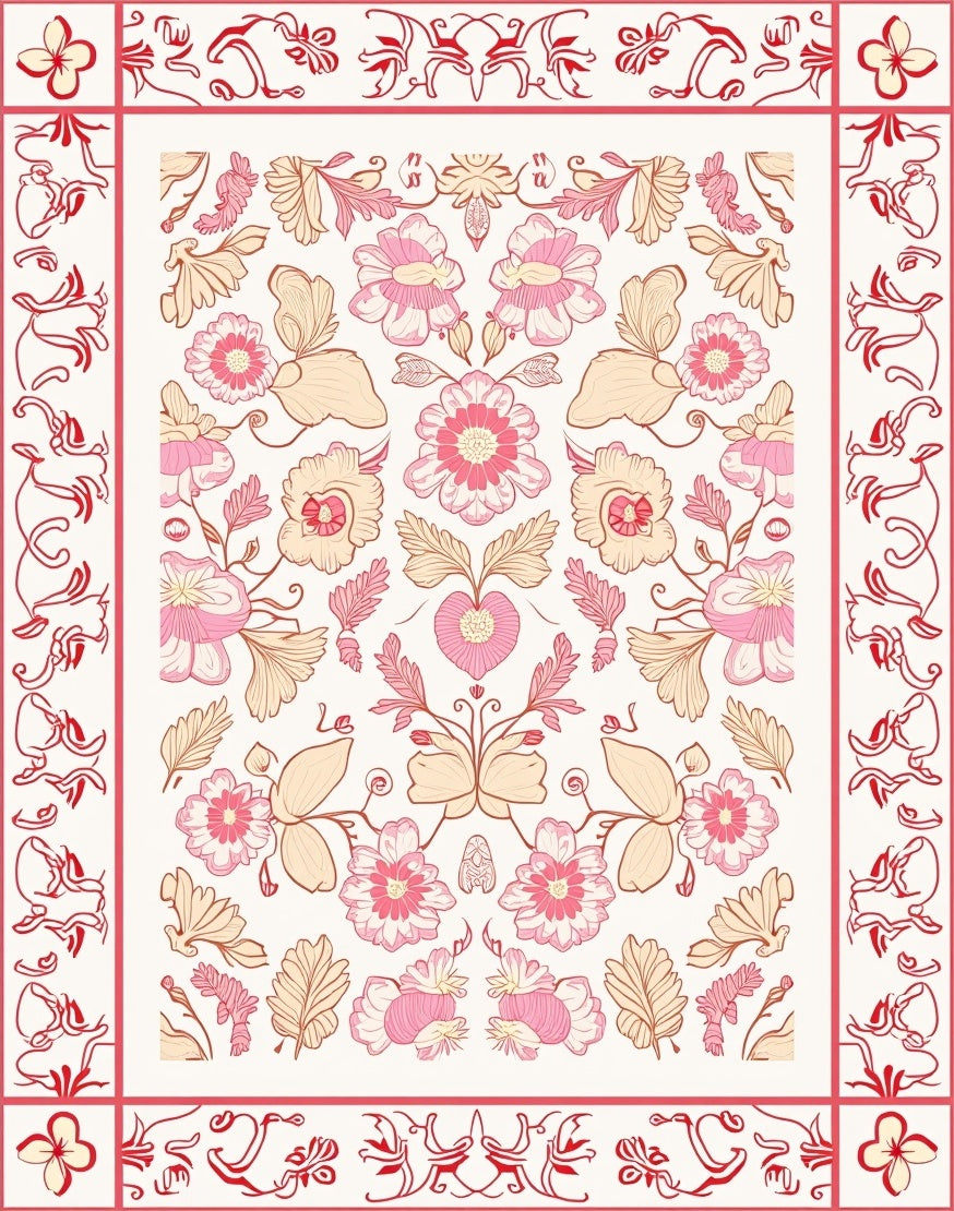 Pink Floral Symmetrical Patterned Rug