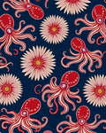 Red Octopus and Floral Print Rug