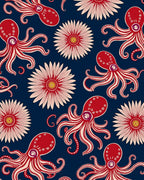 Red Octopus and Floral Print Rug