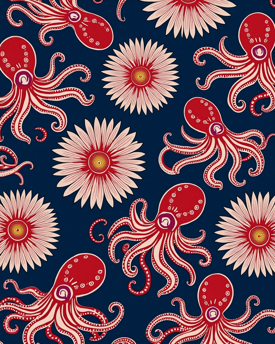 Red Octopus and Floral Print Rug