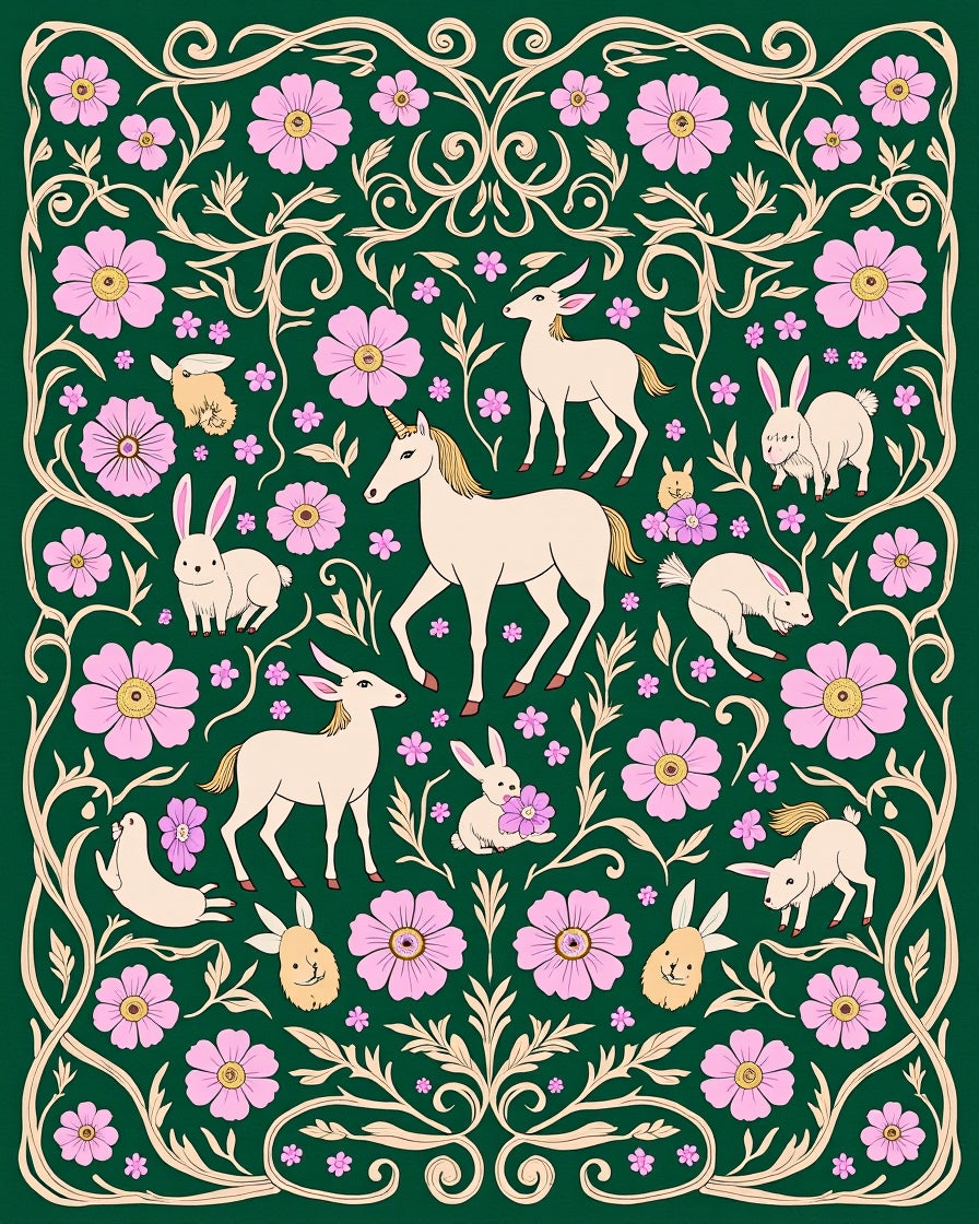 Mythical Creatures And Floral Whimsy Rug