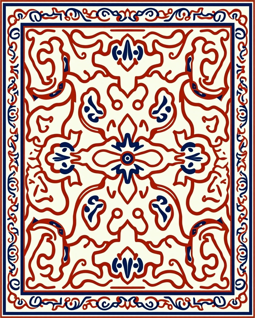 Elegant Red Blue Floral Scroll Rug