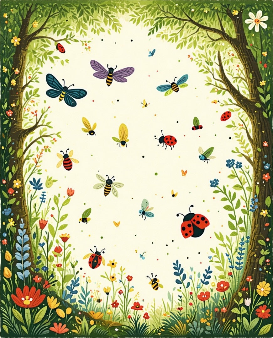 Whimsical Insects Floral Garden Scene Rug