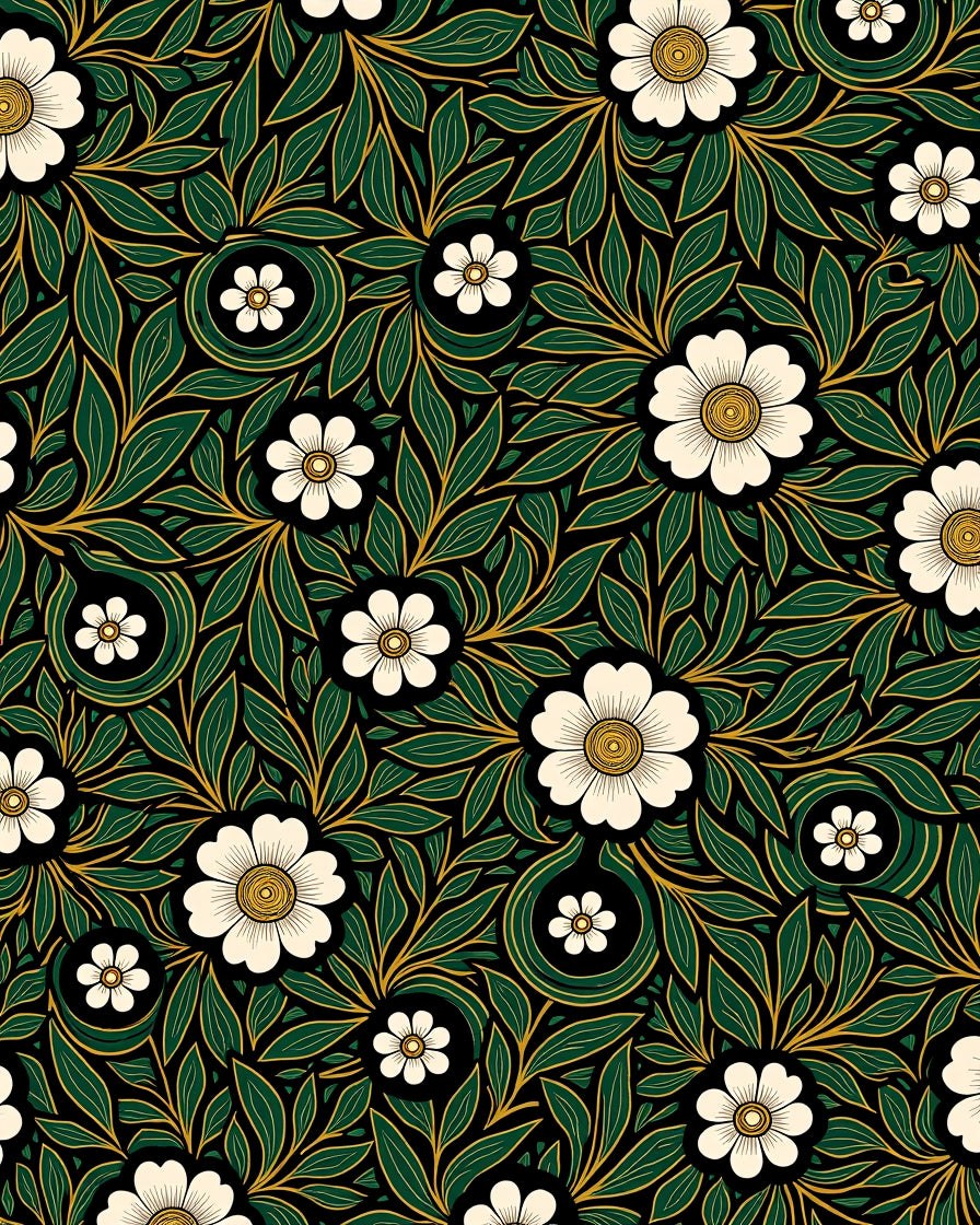 Art Nouveau Black White Floral Emerald Leaves Rug
