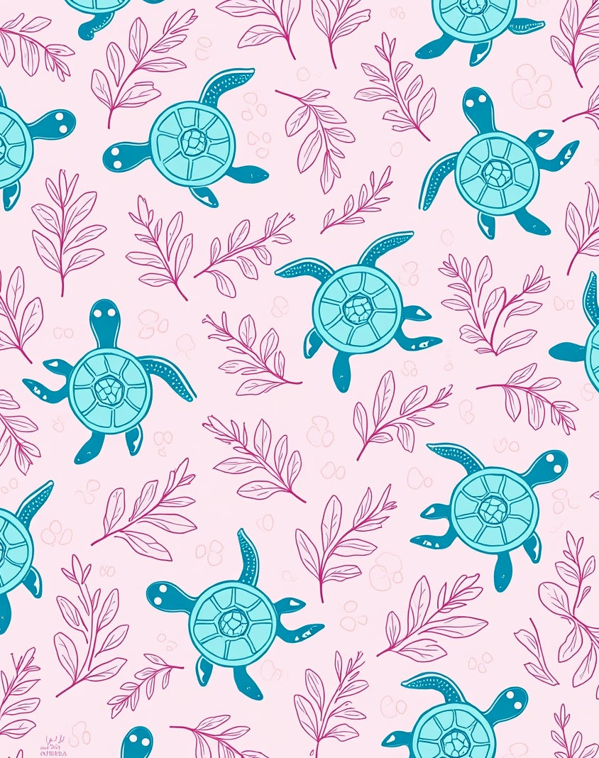 Cute Sea Turtle Foliage Pattern Rug