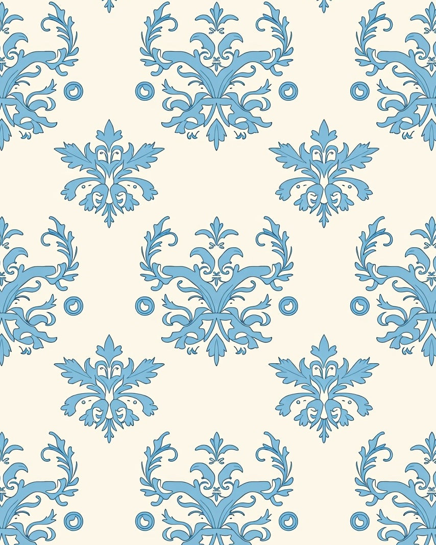 Classic Blue Floral Acanthus Damask Pattern Rug