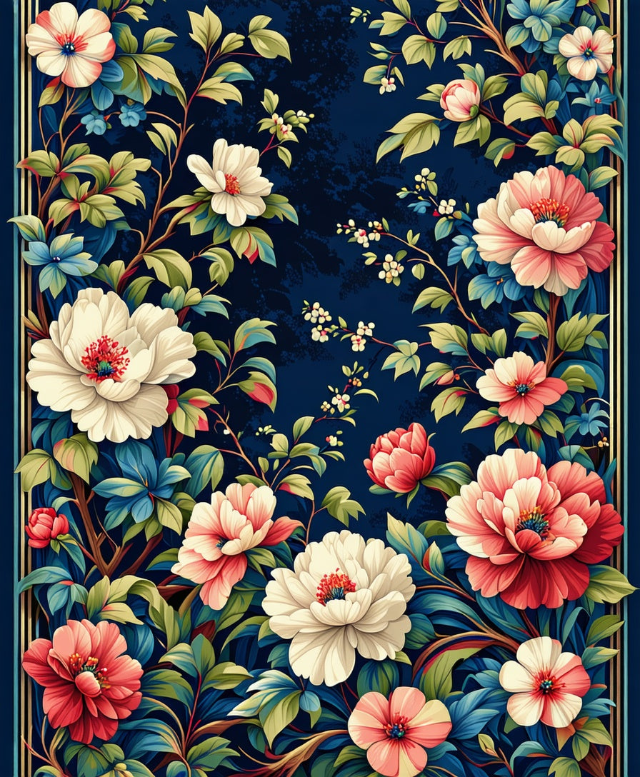 Rich Floral Pattern Blue Background Rug