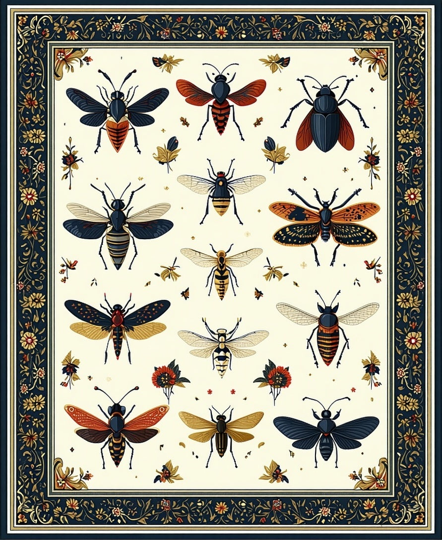 Elegant Insect And Floral Garden Design Rug
