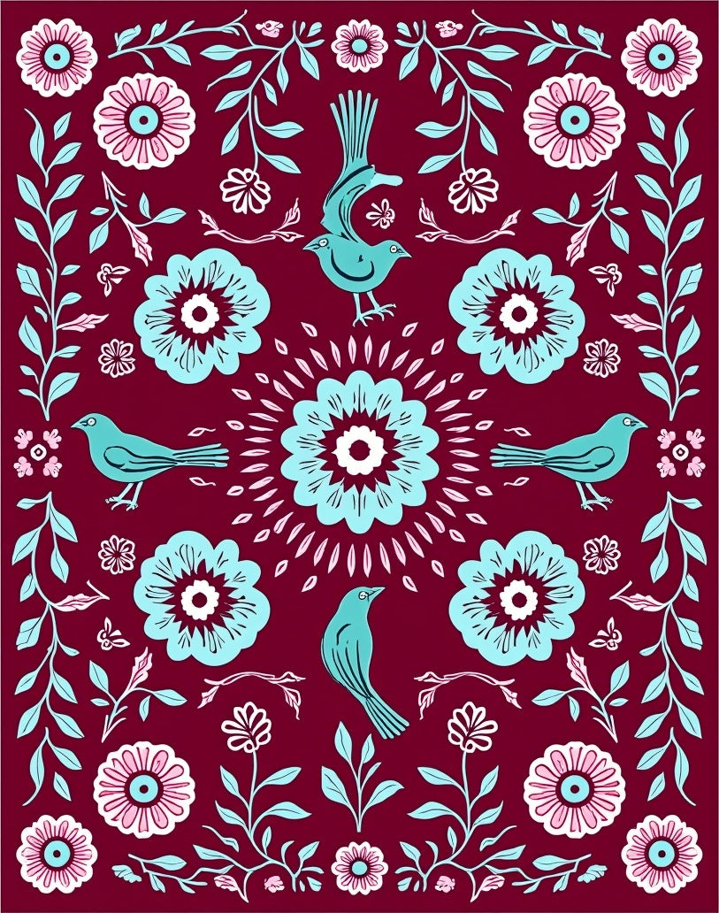 Charming Birds Floral Folk Art Rug