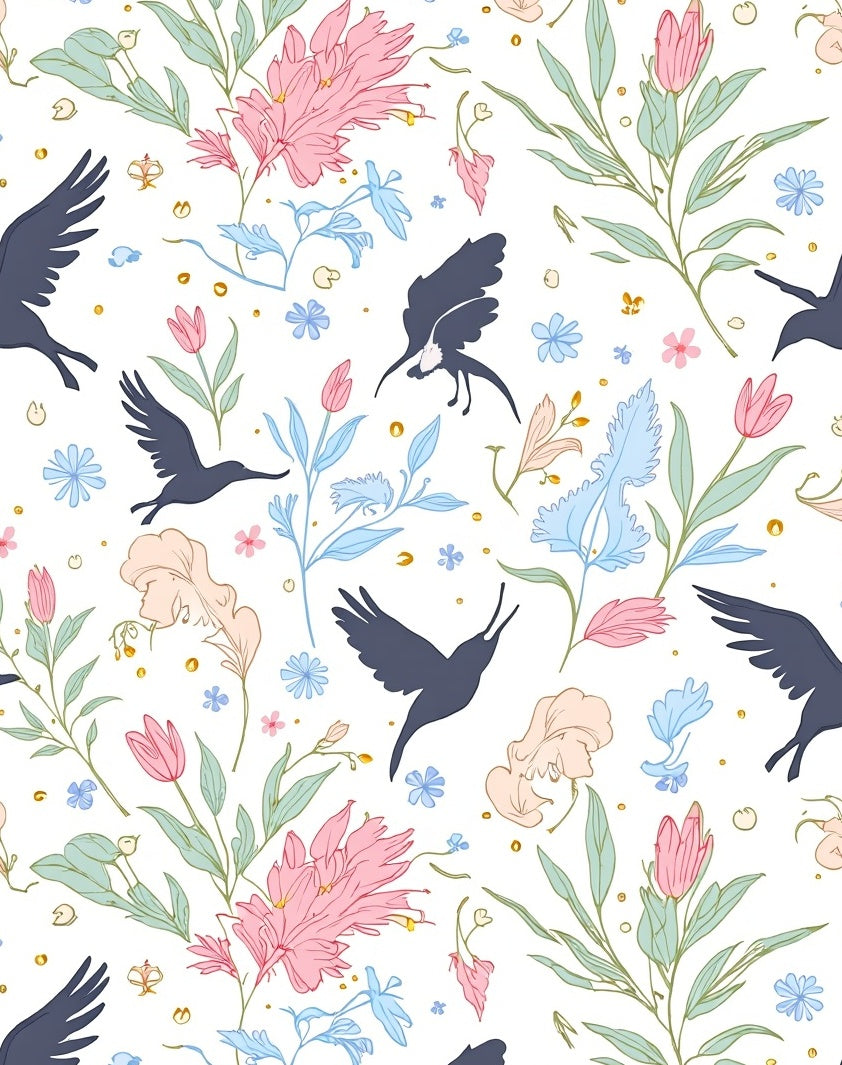 Floral Birds and Pastel Blossoms Pattern Rug