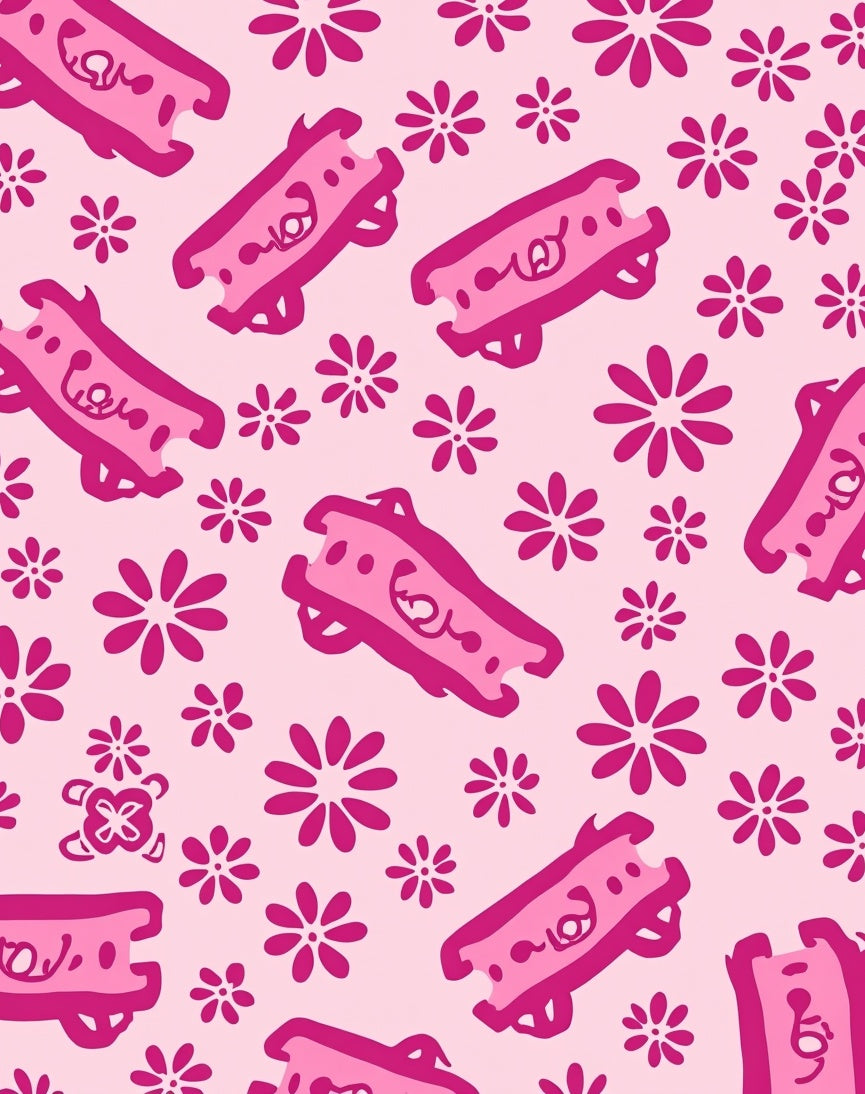 Pink Graphic Flowers And Whimsical Elements Rug