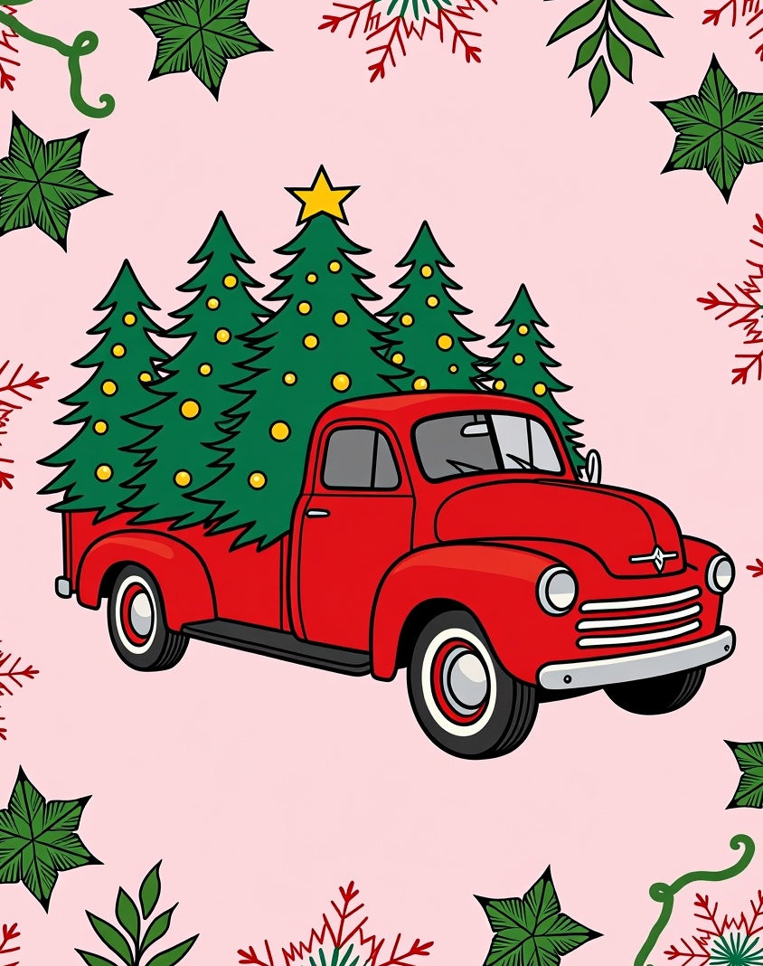 Red Vintage Truck Christmas Trees Rug