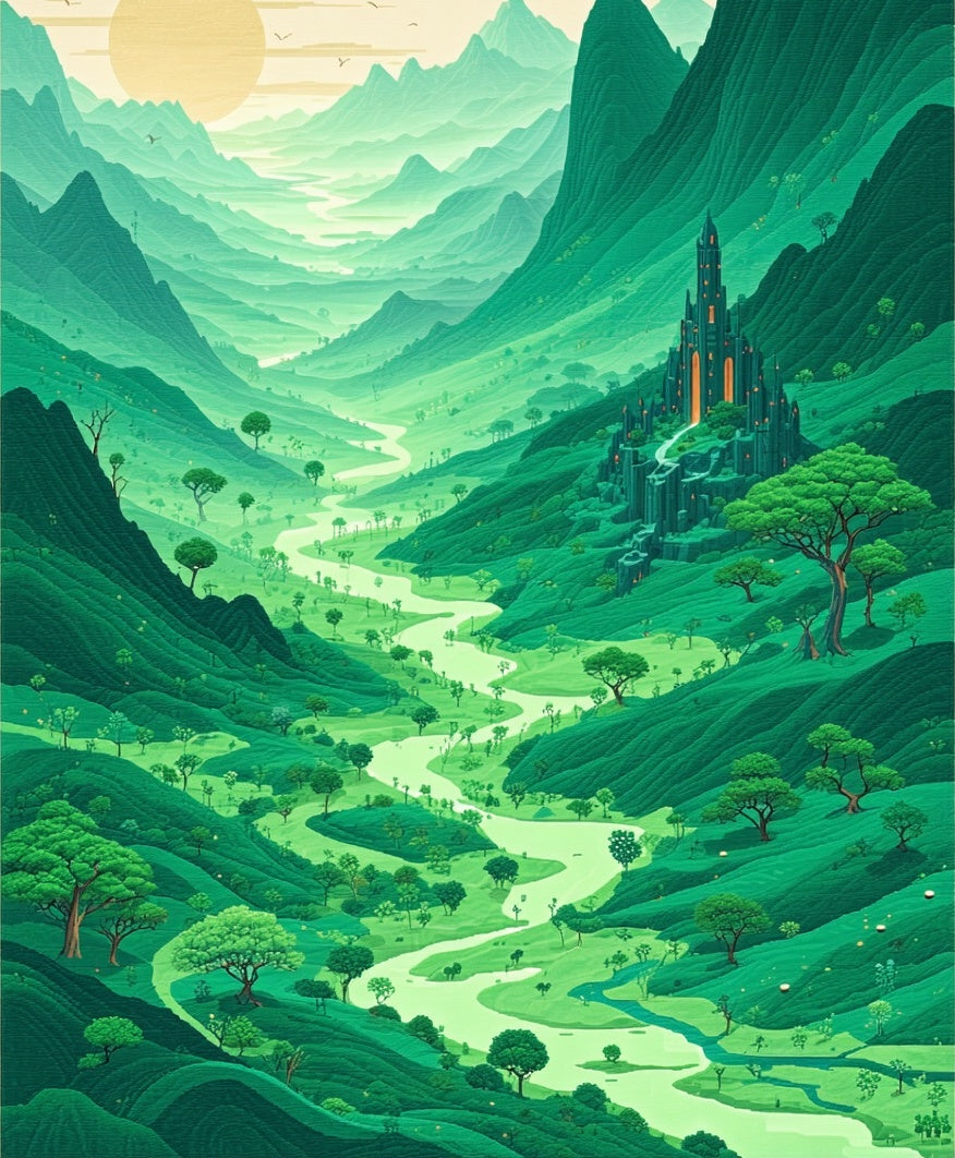 Fantasy Green Valley Castle Scene Rug