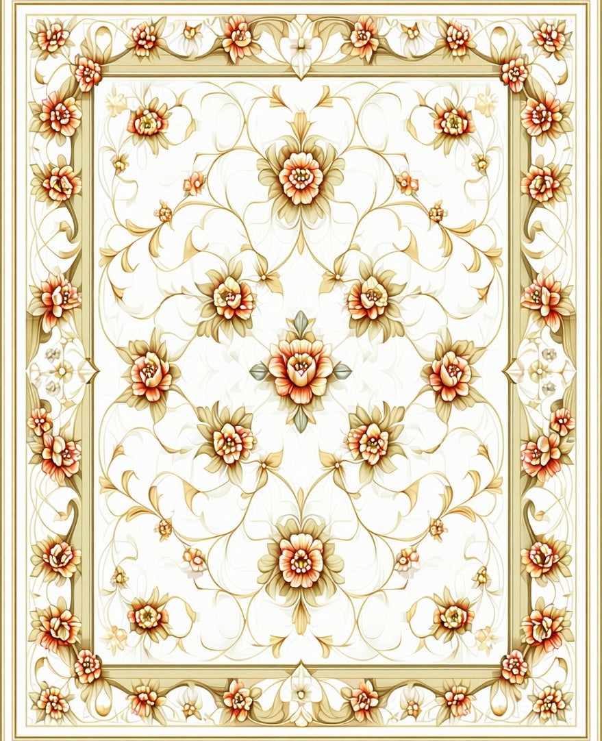 Elegant Floral Patterned Creamy Rug