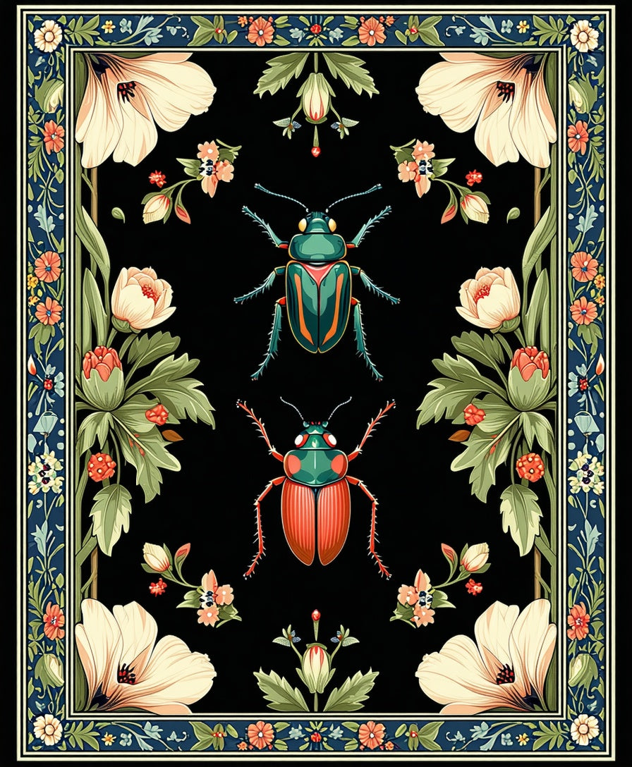 Insect And Floral Patterned Rug