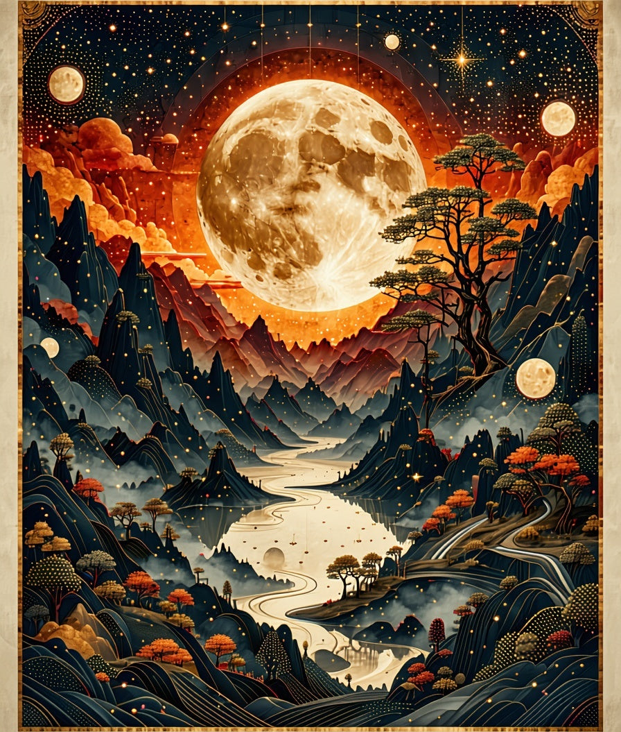 Mystical Moonlit Mountain River Landscape Rug