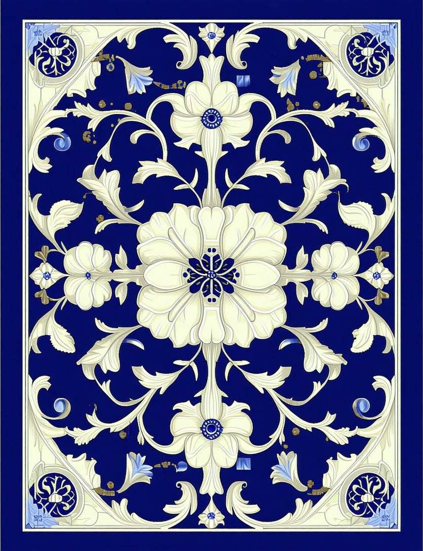Cream Floral Cream Accents Dark Blue Rug