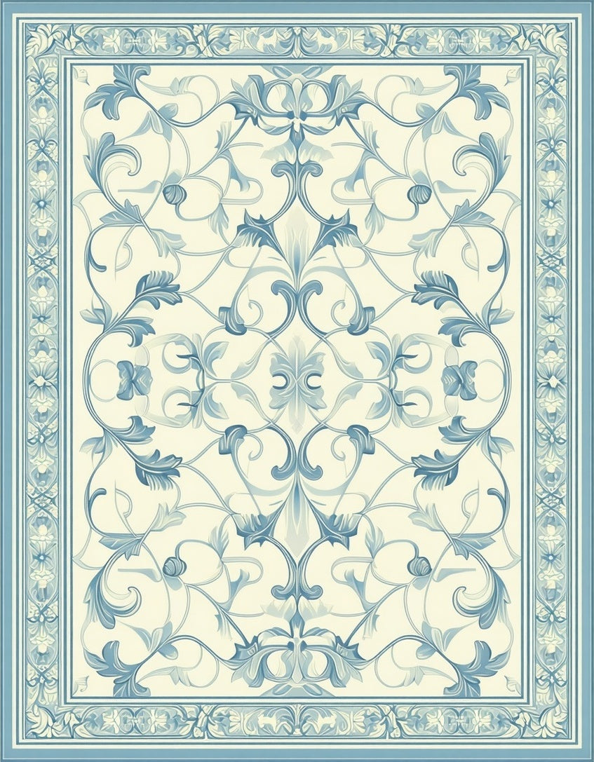 Elegant Blue Floral Swirl Pattern Rug