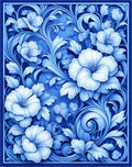 Majestic Blue Floral Scroll Pattern Rug
