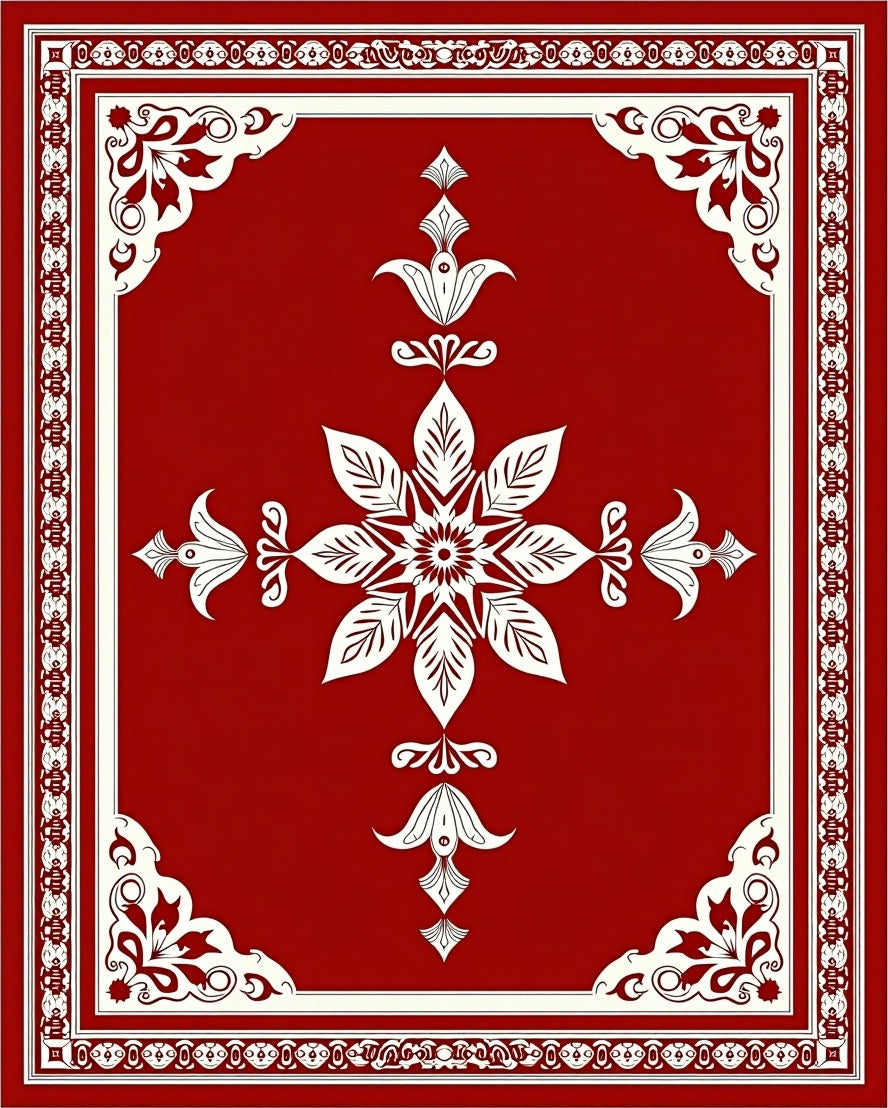 Rich Red Ivory Floral Symmetry Rug